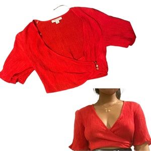 Favlux Red Deep V-Neck Cropped T-shirt Blouse